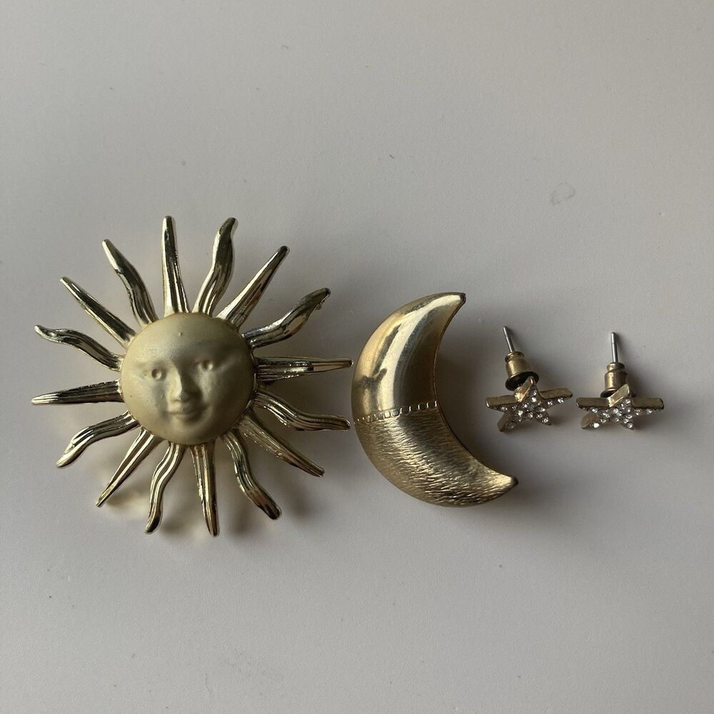 Vintage Gold Tone Celestial Brooch Earrings Lot Sun Crescent Moon Star READ DESC